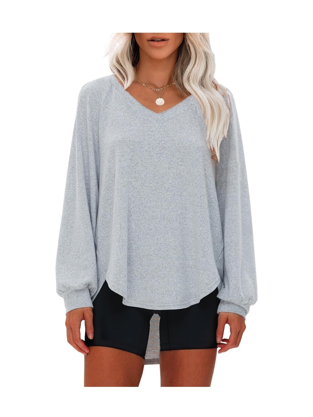 Light Gray V-Neck Long Sleeve Women's Top